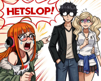 1boy 2girls ahoge amamiya_ren behind-the-head_headphones black-framed_eyewear black_hair black_jacket blonde_hair collared_shirt commentary couple crying denim emphasis_lines english_commentary english_text fur-trimmed_jacket fur_trim glasses green_jacket hair_ornament hairclip hand_in_pocket hand_on_another's_waist headphones jacket jealous jeans long_hair looking_at_another multiple_girls neggoartz opaque_glasses open_mouth orange_hair pants persona persona_5 plaid_clothes plaid_skirt pleated_skirt pointing pointing_at_another print_shirt sakura_futaba school_uniform shirt short_hair shouting shuujin_academy_school_uniform sidelocks skirt speech_bubble takamaki_ann talking tears turn_pale twintails white_shirt