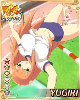 1girl :o blue_buruma border breasts buruma card_(medium) day english_text game_cg green_eyes gym_shirt high_jump hime_cut jumping large_breasts looking_at_viewer midair navel non-web_source official_alternate_costume official_art orange_hair outdoors pole pole_vault running_track senran_kagura senran_kagura_new_wave shirt shoes sneakers solo sports_festival track_and_field upside-down white_shirt yugiri_(senran_kagura)