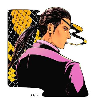 1boy back black_jacket boa_constrictor cigarette eyepatch jacket looking_back majima_goro male_focus otamot ponytail ryuu_ga_gotoku_(series) ryuu_ga_gotoku_0 signature simple_background smoke smoke_trail smoking snake snake_print tuxedo white_background aged_down