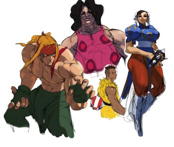 abs alex_(street_fighter) ball basketball basketball_(object) black_hair blonde_hair bracelet brown_hair capcom chun-li dougi fingerless_gloves gloves hair_ornament hair_ribbon headband highres hugo_andore jewelry karate_gi leggings mark_under_both_eyes markings mecha_cell muscular muscular_male overalls pectorals ribbon sean_matsuda spiked_bracelet spikes street_fighter street_fighter_iii_(series) thick_thighs thighs topless_male torn_clothes torn_sleeves