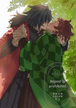 2boys black_hair black_jacket black_pants blush brown_hair closed_eyes demon_slayer_uniform haori high_collar highres hnt_log jacket japanese_clothes kamado_tanjirou kikkoumon kimetsu_no_yaiba kiss long_hair low_ponytail male_focus multiple_boys pants ponytail print_haori short_hair spiked_hair tomioka_giyuu yaoi
