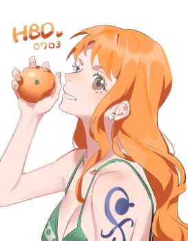 1girl 2024 bare_arms bare_shoulders bikini bikini_top_only breasts brown_eyes cleavage dated earrings food fruit green_bikini hand_up happy_birthday heart holding holding_food holding_fruit jewelry long_hair looking_at_viewer mandarin_orange medium_breasts nami_(one_piece) nami_(one_piece)_(return_to_sabaody) one_piece orange_hair parted_lips pearl_earrings raine_(acke2445) shoulder_tattoo simple_background single_sidelock smile solo striped_bikini striped_clothes stud_earrings swimsuit tattoo upper_body wavy_hair white_background