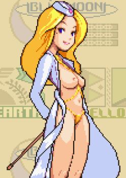 1girl advance_wars arms_behind_back blonde_hair blue_eyes breasts brown_background coat crescent gold_panties hat holding holding_pointer long_hair long_sleeves looking_at_viewer medium_breasts military_hat military_uniform mole mole_under_eye navel nell_(advance_wars) nintendo nipples open_clothes open_coat panties pixel_art pointer saiwai_hiroshi smile standing underwear white_coat white_hat