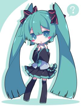 1girl ? alternate_hairstyle aosaki_yato bare_shoulders black_boots black_bow black_skirt black_sleeves blue_eyes blunt_bangs blunt_ends blush_stickers boots bow collared_shirt commentary detached_sleeves double-parted_bangs drop_shadow full_body green_necktie grey_shirt hair_between_eyes hair_bow hands_up hatsune_miku highres long_hair long_sleeves looking_at_viewer miniskirt necktie number_tattoo open_mouth pleated_skirt shirt shoulder_tattoo simple_background skirt solo spoken_question_mark standing tattoo thigh_boots thighhighs tie_clip twintails very_long_hair vocaloid white_background zettai_ryouiki