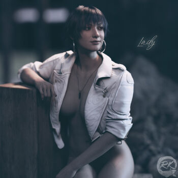 1girl 3d bottomless breasts capcom devil_may_cry_(series) devil_may_cry_5 earrings jacket jewelry lady_(devil_may_cry) leaning_on_object necklace no_bra no_panties smile