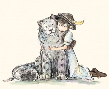 1girl brown_hair brown_hat closed_eyes closed_mouth commentary_request green_eyes grey_fur hat hat_feather hug kneeling linde_(octopath_traveler) octopath_traveler octopath_traveler_i one_eye_closed qqqqqli sitting smile snout snow_leopard tressa_(octopath_traveler) tressa_colzione white_background