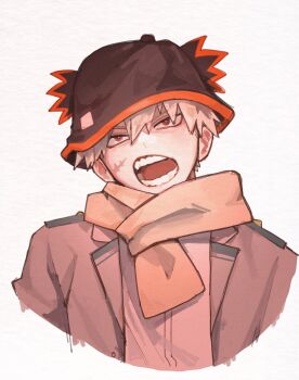 1boy bakugou_katsuki black_hat blonde_hair boku_no_hero_academia bucket_hat commentary cropped_torso facial_scar grey_jacket hair_between_eyes hat highres jacket lapels male_focus notched_lapels open_clothes open_jacket open_mouth red_eyes scar scar_on_cheek scar_on_face scarf school_uniform shirt short_hair snowflooks solo teeth u.a._school_uniform white_shirt yellow_scarf