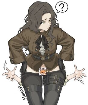 1girl 1other :/ ? ascot belt black_belt black_boots black_bow black_bowtie black_gloves black_hair black_pants boots bow bowtie brown_jacket censored character_censor character_name clothes_pull cowboy_shot disembodied_hand furrowed_brow gloves green_eyes jacket jajimalgeol kazakh_text leaning_forward long_hair looking_to_the_side lopera_(reverse:1999) military_uniform moldir_(reverse:1999) no_pants novelty_censor pants pants_pull pulling_own_clothes reverse:1999 speech_bubble spoken_question_mark thigh_boots white_ascot