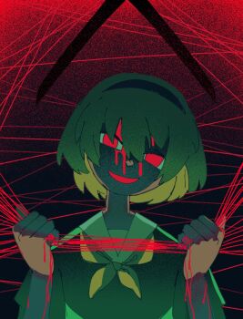 1girl black_headband blonde_hair blood blood_on_face caffstrink evil_smile head_tilt headband highres higurashi_no_naku_koro_ni higurashi_no_naku_koro_ni_gou holding holding_string houjou_satoko looking_at_viewer neckerchief red_eyes sailor_collar shaded_face short_hair smile solo string string_of_fate white_sailor_collar yellow_neckerchief