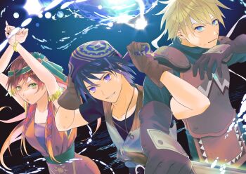 1girl 2boys adjusting_bandana amulet armlet armor bandana black_shirt blonde_hair blue_eyes blue_hair breastplate breasts brown_gloves brown_hair chrono_cross dress glenn_(chrono_cross) gloves gold_armlet green_eyes green_hairband grey_vest hair_between_eyes hairband hands_up headband highres holding holding_sword holding_weapon jewelry leather_armor leena_(chrono_cross) locked_arms long_hair medium_breasts multiple_boys orange_tunic parted_lips print_bandana purple_dress red_bandana serge_(chrono_cross) shirt short_hair short_sleeves shoulder_armor smile sword t-shirt tunic vest weapon white_headband zato_(chro1118)