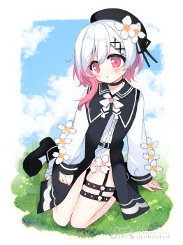 1girl :o belt belt_buckle black_belt black_choker black_jacket black_shoes blue_sky blush buckle center_frills choker cloud flower frills full_body hair_between_eyes highres jacket long_sleeves mahou_shoujo_no_majo_saiban multicolored_hair on_grass parted_lips pink_hair puffy_long_sleeves puffy_sleeves red_eyes sakuraba_ema shikito_(yawa0w0) shirt shoes skirt sky sleeves_past_wrists socks solo two-tone_hair watermark white_flower white_hair white_shirt white_skirt white_socks