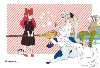 2boys 2girls artist_name baobhan_sith_(fate) black_bow blue_eyes bow broom cernunnos_(fate) closed_eyes dog fate/grand_order fate_(series) hair_between_eyes hair_bow highres long_hair majo_no_takkyuubin morgan_le_fay_(fate) multiple_boys multiple_girls oberon_(fate) odeyama pink_eyes pointy_ears ponytail short_hair smile stuffed_animal stuffed_toy very_long_hair white_hair woodwose_(fate)