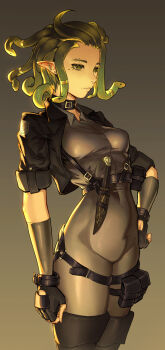 1girl absurdres black_collar black_gloves black_jacket breasts closed_mouth collar commentary cropped_jacket ear_piercing english_commentary eyebrow_piercing face_piercing fingerless_gloves gloves gradient_background green_eyes grey_background highres jacket klinck_foster knife mole mole_under_eye open_clothes open_jacket original piercing pointy_ears pouch sheath sheathed simple_background snake_hair solo thigh_pouch