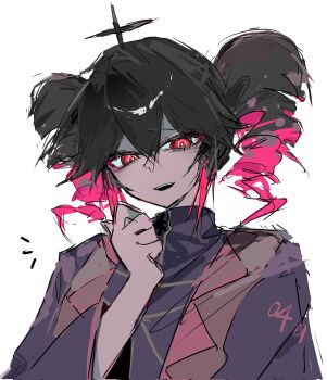 Rule 34 | 1girl, ahoge, collared shirt, drill hair, emphasis lines, furrowed brow, grey robe, hair between eyes, hand up, highres, kasane teto, looking at viewer, parted lips, q&amp;a (utau), red eyes, red hair, robe, shirt, short hair, simple background, smile, solo, twin drills, ummwa, utau, white background