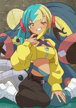 1girl aqua_hair bandeau belt black_belt black_mask blonde_hair blue_eyes blush breasts canari_(pokemon) commentary_request criss-cross_straps dark-skinned_female dark_skin eelektrik eelektross gen_5_pokemon grin highres jacket long_sleeves looking_at_viewer mask mask_pull mega_stone mouth_mask multicolored_hair multicolored_nails navel nintendo one_eye_closed open_mouth pants pokemon pokemon_legends:_z-a refisa short_twintails smile split-color_hair sports_bra stuffed_animal stuffed_toy teeth twintails two-tone_hair two-tone_mask two-tone_pants tynamo yellow_bandeau yellow_jacket yellow_mask yellow_sports_bra
