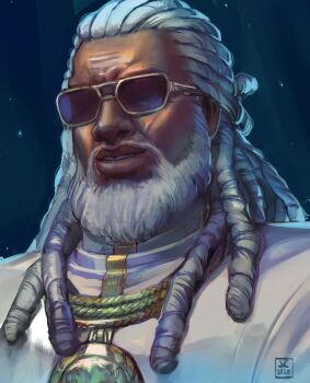 1boy beard dark-skinned_male dark_skin dreadlocks facial_hair facing_viewer full_beard gold_necklace grey_facial_hair grey_hair jewelry leroy_smith long_hair male_focus necklace old old_man overlord_jc parted_lips portrait smile sunglasses tekken tekken_7 very_dark_skin