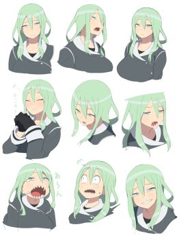1girl accio blush breasts closed_eyes coat english_text multiple_expressions frown gloves gluttony_(deadly_sins) green_eyes green_hair grin highgain_(accho) highres large_breasts long_hair matching_hair/eyes multiple_views open_mouth saliva seven_deadly_sins sharp_teeth simple_background slit_pupils smile surprised teeth tongue white_background
