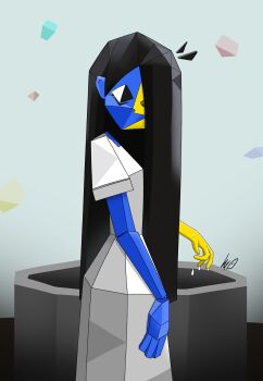 1girl absurdres blue_skin colored_skin commentary detached_hair dress ena:_dream_bbq ena_(series) from_side hair_over_one_eye highres long_hair looking_at_viewer low_poly lughost parody signature solo split-color_skin style_parody the_ring very_long_hair well white_dress yamamura_sadako yellow_skin