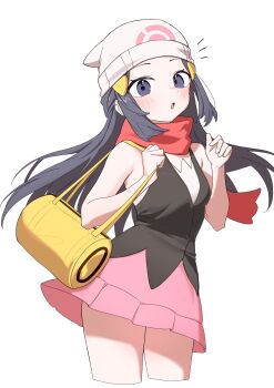 1girl absurdres bag bare_shoulders beanie black_hair blue_eyes blue_hair blush breasts commentary_request dawn_(pokemon) duffel_bag hair_ornament hairclip hat highres kachi_5057 long_hair looking_at_viewer nintendo open_mouth pink_skirt poke_ball_print pokemon pokemon_diamond/pearl/platinum red_scarf scarf shirt simple_background skirt sleeveless solo white_background white_hat yellow_bag
