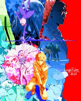 3girls 6+boys absurdres alcides_(fate) arm_up arms_behind_back asclepius_(fate/strange_fake) aviator_(fate/strange_fake) bazdilot_cordelion captain_(fate/strange_fake) closed_mouth commentary_request copyright_name faldeus_dioland fate/strange_fake fate_(series) flower formal_clothes francesca_prelati_(fate) francois_prelati_(fate) glasses gun heracles_(fate) highres holding holding_gun holding_weapon hood hood_down icarus_(fate/strange_fake) jacket kerorira long_hair long_sleeves looking_at_viewer multiple_boys multiple_girls necktie no_name_assassin_(fate) old old_man orion_(fate/strange_fake) panties pants samurai_(fate/strange_fake) scar scar_on_face second-party_source shadow short_hair sigma_(fate) smile suit underwear weapon