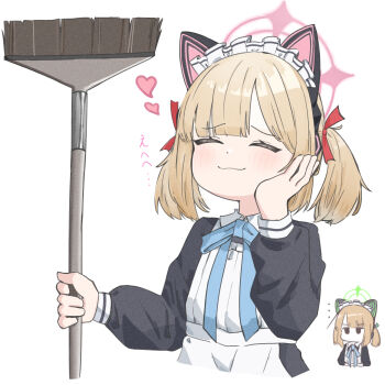 ... 2girls :3 ^_^ absurdres animal_ear_headphones animal_ears apron black_dress blonde_hair blue_archive blue_ribbon blunt_bangs blush bow broom cat_ear_headphones cat_ears chibi chibi_inset closed_eyes closed_mouth commentary_request cropped_legs dress facing_viewer fake_animal_ears film_grain furrowed_brow green_bow green_halo hair_bow halo hand_on_own_cheek hand_on_own_face hand_up happy headphones heart highres holding holding_broom ixia559 jitome long_sleeves looking_at_another maid maid_headdress medium_hair midori_(blue_archive) midori_(maid)_(blue_archive) momoi_(blue_archive) momoi_(maid)_(blue_archive) multiple_girls neck_ribbon official_alternate_costume official_alternate_hairstyle pink_halo ponytail puffy_long_sleeves puffy_sleeves red_bow ribbon siblings simple_background sisters smile solo_focus straight_hair translated twins two_side_up upper_body white_apron white_background