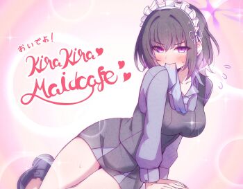 1girl all_fours alternate_costume black_hair blue_archive blush breasts collarbone enmaided flying_sweatdrops grey_shirt halo highres karikura_(atatata71) kneeling large_breasts looking_at_viewer maid maid_headdress mouth_hold multicolored_hair necktie necktie_in_mouth purple_eyes purple_hair purple_halo ribbon shirt short_hair small_sweatdrop solo sparkle subaru_(blue_archive) two-tone_hair v-shaped_eyebrows white_ribbon