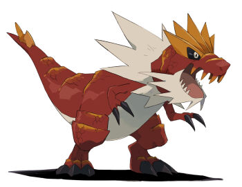 Rule 34 | black claws, black sclera, claws, colored sclera, dinosaur, fangs, full body, gen 6 pokemon, highres, mashita. (mentaiko omoti), nintendo, no humans, open mouth, pokemon, pokemon (creature), pokemon focus, sharp teeth, simple background, skin fangs, solo, tail, teeth, tyrantrum, white background, white fur