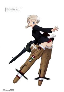 Rule 34 | 1girl, animal ears, back, black jacket, blonde hair, blue eyes, blush, dog ears, dog girl, dog tail, gun, holding, holding gun, holding weapon, image sample, jacket, looking back, machine gun, martina crespi, mg42, military, military uniform, no pants, official art, open mouth, panties, red panties, shimada fumikane, shirt, simple background, solo, strike witches: kurenai no majo-tachi, striker unit, tail, translation request, underwear, weapon, white background, white shirt, world witches series, yandere sample