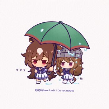 ... 2girls animal_ears beanie bearloaff blush bow bowtie brown_hair chibi chibi_only ear_ornament ears_through_headwear grey_hat hair_between_eyes hat highres holding holding_umbrella horse_ears horse_girl horse_tail long_hair multicolored_hair multiple_girls nakayama_festa_(umamusume) no_mouth puddle purple_bow purple_bowtie purple_eyes purple_shirt red_eyes sailor_collar sailor_shirt school_uniform shirt shoes simple_background sirius_symboli_(umamusume) skirt streaked_hair tail thighhighs tracen_school_uniform umamusume umbrella very_long_hair water wet wet_clothes wet_hair white_hair white_sailor_collar white_skirt white_thighhighs