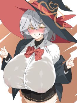 absurdres black_hat black_jacket black_skirt blue_archive blush braid breasts covered_erect_nipples cowboy_shot eri_(blue_archive) grey_hair grin hat highres huge_breasts jacket looking_at_viewer miniskirt pussy_juice shirt side_braid skirt smile txlyre wet wet_clothes white_shirt witch_hat yellow_eyes