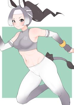 1girl absurdres alternate_costume animal_ears armpits back_bow bare_shoulders black_hair blush bow breasts bridle brown_eyes closed_mouth commentary crotch_seam donkey_(kemono_friends) donkey_ears donkey_girl donkey_tail elbow_gloves fingerless_gloves floating_hair foot_out_of_frame from_side gloves grey_hair high_ponytail highres hip_bones illu_(illu_stratos) japari_symbol kemono_friends kemono_friends_2 long_hair looking_at_viewer medium_breasts multicolored_hair navel pants ponytail ribs running smile solo sports_bra sportswear stomach sweat symbol-only_commentary tail toned toned_female v-shaped_eyebrows yoga_pants
