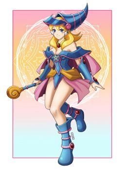 Rule 34 | alia (mega man), android, ankle boots, bare shoulders, blonde hair, blue boots, blue eyes, blue leotard, blush, blush stickers, boots, breasts, cleavage, commentary, cosplay, dark magician girl, dark magician girl (cosplay), deniacp, english commentary, gradient background, hat, headphones, highres, holding, holding staff, jewelry, leg up, leotard, long hair, looking at viewer, magic circle, magic circle background, mega man (series), mega man x (series), necklace, robot ears, sidelocks, smile, staff, witch hat, yu-gi-oh!