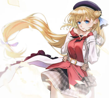 1girl absurdres agnes_claudel bag beret blonde_hair blue_eyes braid breasts bun_with_braided_base clothes_lift coat commentary eiyuu_densetsu english_commentary floating_hair hair_between_eyes hair_bun handbag hat highres kuro_no_kiseki kuro_no_kiseki_(series) kuro_no_kiseki_ii large_breasts long_hair looking_at_viewer low-tied_long_hair madou_zakura open_clothes open_coat purple_hat simple_background single_side_bun skirt skirt_lift smile solo very_long_hair white_background