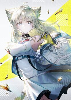 1girl absurdres arknights arknights:_endfield bare_shoulders black_gloves blue_eyes breasts brown_hair commentary_request gloves highres jacket medium_breasts multicolored_gloves perlica_(arknights) sho_(sumika) solo thighs two-tone_gloves white_jacket yellow_gloves