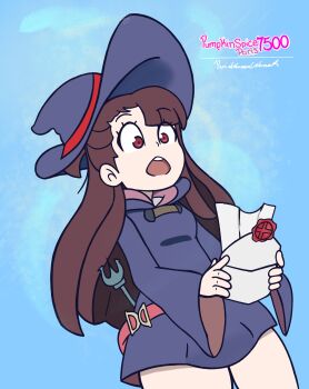 1girl brown_hair hat highres holding kagari_atsuko letter little_witch_academia long_hair long_sleeves luna_nova_school_uniform open_mouth pumpkinspice7500 red_eyes school_uniform self-upload smash_invitation solo trigger_(company) wand witch witch_hat