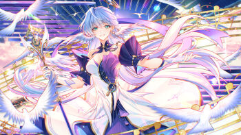 1girl bird blue_hair detached_collar dress earrings floating_stairs gloves green_eyes head_wings highres holding holding_microphone honkai:_star_rail honkai_(series) jewelry long_hair microphone microphone_stand musical_note robin_(honkai:_star_rail) sieka_(piiroinardesco) smile musical_staff strapless strapless_dress white_dress white_gloves wings
