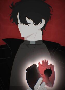 2boys akigawasou black_coat black_hair black_wings coat commentary demon_horns double-parted_bangs faceless feathered_wings glowing grey_shirt hair_between_eyes heart_(organ) horns kim_dokja male_focus multiple_boys omniscient_reader&#039;s_viewpoint open_clothes open_coat popped_collar shirt short_hair single_wing superimposition symbol-only_commentary upper_body wings yoo_joonghyuk