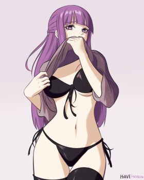 Rule 34 | 1girl, bikini, black bikini, black dress, black thighhighs, breasts, clothes lift, commentary, dress, dress lift, english commentary, fern (sousou no frieren), highres, isavi, large breasts, long hair, looking at viewer, navel, purple eyes, purple hair, simple background, solo, sousou no frieren, stomach, swimsuit, thighhighs, thighs, very long hair, white background