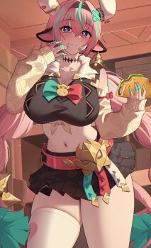 1girl absurdres animal_ears belt blush breasts cow_ears cow_horns detached_sleeves ear_bell eating food genshin_impact highres holding holding_food horns large_breasts long_hair looking_at_viewer midriff navel pink_hair pleated_skirt single_thighhigh skirt sleeves_past_wrists solo thighhighs twintails varesa_(genshin_impact) very_long_hair white_thighhighs ziroqon