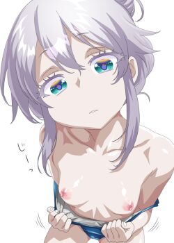 1girl blue_eyes blue_one-piece_swimsuit breasts breasts_out collarbone deux_murasame female_focus freckles gundam gundam_gquuuuuux hair_bun long_hair looking_at_viewer minazuki_noumu nipples one-piece_swimsuit presenting presenting_breasts simple_background single_hair_bun small_breasts solo swimsuit white_hair