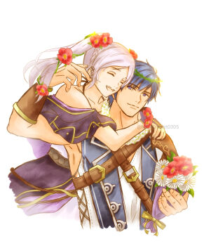 1boy 1girl arm_guards arm_up armpits bare_shoulders blue_eyes blue_hair bouquet breasts capelet collarbone couple crossed_belts curled_fingers dress eyelashes female_robin_(fire_emblem) female_robin_(valentine)_(fire_emblem) fingerless_gloves fingernails fire_emblem fire_emblem_awakening fire_emblem_heroes flower gloves hair_flower hair_ornament happy highres holding holding_bouquet hug hug_from_behind intelligent_systems long_dress long_hair matching_hair/eyes medium_breasts moverabbit0305 muscular_arms off-shoulder official_alternate_costume rope_belt shirt short_hair sidelocks sleeveless sleeveless_dress sleeveless_shirt spaghetti_strap swept_bangs toned toned_male twintails white_background white_hair yellow_eyes