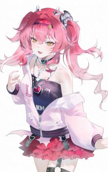 1girl absurdres black_choker black_shirt bracelet breasts chips_ahoy! choker commentary english_commentary fingernails hair_between_eyes hairband hand_up heart heart_necklace highres jacket jewelry long_hair looking_at_viewer lupa_(wuthering_waves) medium_breasts necklace o-ring o-ring_thigh_strap off-shoulder_shirt off_shoulder official_alternate_costume open_mouth partially_unzipped pink_hair pink_hairband pink_jacket pink_skirt red_pupils shigureszku shirt simple_background single_bare_shoulder skirt smile solo thigh_strap thighs twintails white_background wuthering_waves yellow_eyes