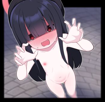 1girl @_@ absurdres bad_id bad_twitter_id beret black_border black_hair black_hat blue_archive blurry blurry_background border claw_pose collarbone dot_nose embarrassed fang flat_chest gluteal_fold hair_over_eyes halo hat highres inactive_account justice_task_force_member_(blue_archive) loli long_hair looking_at_viewer navel nude open_mouth outside_border red_eyes red_halo solo standing sweat zing_(z_z_zing)