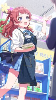 apron blue_eyes book collared_shirt gakuen_idolmaster game_cg hanami_saki highres holding idolmaster japanese_text name_tag neck_ribbon official_art open_mouth red_hair ribbon shirt skirt