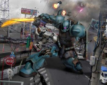 3d ad battle building cable car cityscape cloud cloudy_sky duel emblem glowing gouf gundam hiropon_(tasogare_no_puu) logo mecha mecha_focus mobile_suit mobile_suit_gundam motor_vehicle one-eyed photo_background realistic road robot roundel rx-78-2_gundam science_fiction severed_limb shield shoulder_spikes sky smoke spikes street sword weapon when_you_see_it zeon