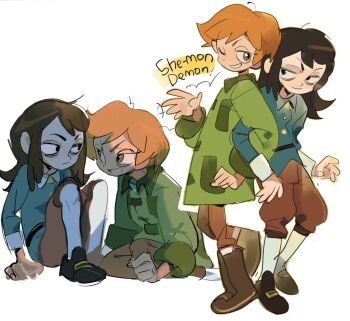 1boy 1girl abaddon_(haunted_hotel) abaddon_(human)_(haunted_hotel) arrcticc_fish blue_coat boots brown_eyes brown_hair coat english_text esther_freeling green_coat hashtag-only_commentary haunted_hotel highres locked_arms long_hair looking_at_another multiple_views short_hair simple_background white_background