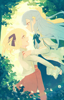 2girls absurdres ahoge anisphia_wynn_palettia arms_around_waist blonde_hair blue_bow blue_bowtie blue_hair blue_sky bow bowtie bright_background bush closed_mouth collared_jacket commentary_request couple euphyllia_magenta floating_hair from_side grey_eyes hair_bow half_updo hand_on_another&#039;s_shoulder happy highres jacket lifting_person long_hair long_skirt looking_at_another multiple_girls one_side_up open_clothes open_jacket open_mouth outdoors purple_bow purple_eyes red_skirt rnna short_hair skirt sky smile tensei_oujo_to_tensai_reijou_no_mahou_kakumei tree yellow_bow yellow_jacket yuri