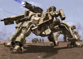 blue_sky camouflage commentary_request desert desert_camouflage dual_wielding firing gun highres holding holding_gun holding_weapon mecha military military_jeep military_vehicle motor_vehicle original outdoors robot science_fiction shoulder_cannon sky soldier tyokugekidato weapon