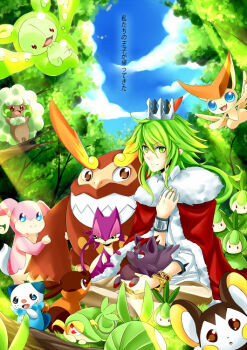 1boy audino bad_id bad_pixiv_id bracelet crown darmanitan darmanitan_(standard) emolga gen_5_pokemon green_eyes green_hair hat holding holding_poke_ball jewelry kenneos leavanny legendary_pokemon liepard long_hair male_focus matching_hair/eyes mythical_pokemon n_(pokemon) nature nintendo oshawott outdoors petilil plant poke_ball pokemon pokemon_(creature) reuniclus sky snivy starter_pokemon_trio teeth tepig victini whimsicott