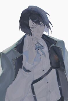 1girl :d absurdres black_hair black_jacket blue_eyes blue_nails bob_cut carda_momd character_request copyright_request frilled_sleeves frills grin hand_up head_tilt highres jacket jacket_on_shoulders looking_at_viewer neck_ribbon open_mouth ribbon shirt short_hair smile solo upper_body white_shirt